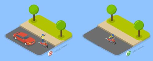 3D Isometric Flat Illustration of Safe And Unsafe Motorcycle Riding, Guidelines To Follow And Mistakes To Avoid vector