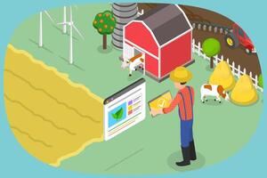 3D Isometric Flat Illustration of Smart Farming, Farmer Utilizing Technologies For Field Control And Monitoring vector