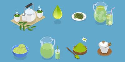 3D Isometric Flat Illustration of Green Tea Collection, Match Beverage Product Elements vector