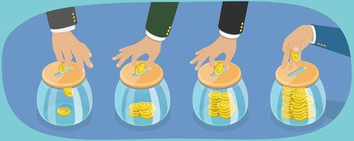 3D Isometric Flat Illustration of Saving Deposit, Utilize A Glass Jar To Save Money Efficiently vector
