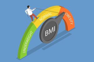 3D Isometric Flat Illustration of Body Mass Index Calculator, Overweight Man Lowers Indicator Arrow vector
