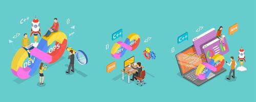 3D Isometric Flat Illustration of DevOps, Streamlineing Development And Operations Processes vector