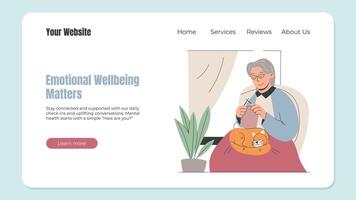 web template for senior emotional wellbeing. Elderly woman knitting with a cat in her lap. Flat landing page design about connection, comfort, and mental health for older adults. vector