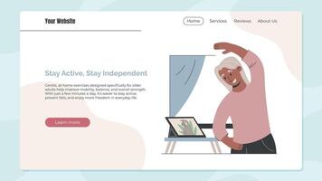 flat website template with senior woman doing home exercise guided by tablet . Promotes healthy aging, physical activity, and digital wellness support for elderly. vector