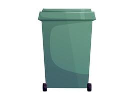 Cartoon green garbage container isolated on white, waste bin illustration ideal for sanitation, recycling, eco campaigns, street cleaning, and environmental design projects. vector