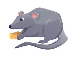 Cute isolated gray mouse holding a cheese piece, cartoon illustration of a rodent in side view. Perfect for animal designs, kids projects, education, or pest control concepts. vector