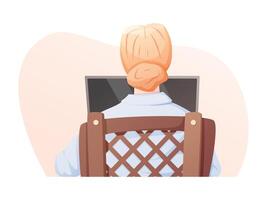 cartoon illustration of a woman working or studying at a laptop from home. Back view of a person at a desk. Concept of remote work, online learning, and digital lifestyle. vector