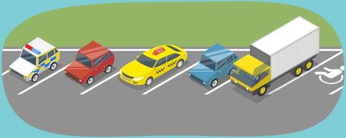 3D Isometric Flat Illustration of Parking Lot, Angel Parked Vehicles vector