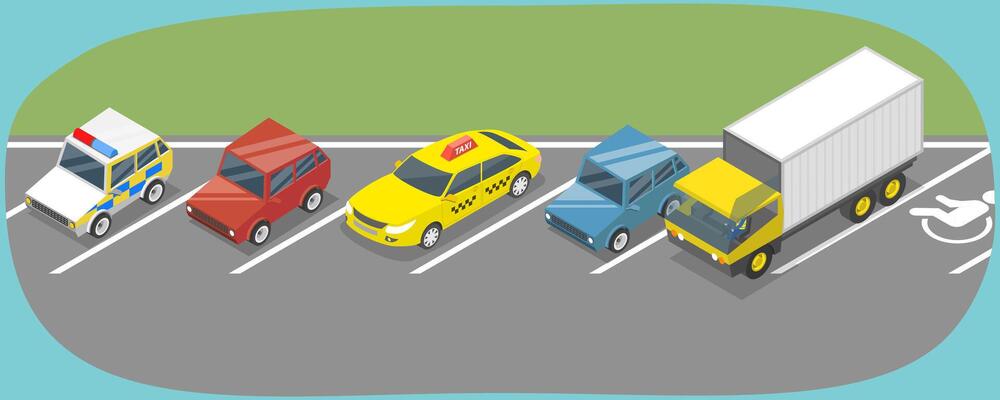 3D Isometric Flat Illustration of Parking Lot, Angel Parked Vehicles