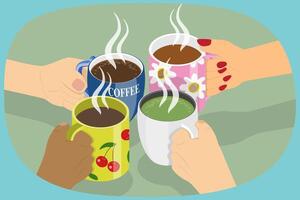 3D Isometric Flat Illustration of Leisure Weekend, Enjoying Hot Drinks Together on Chilly Winter Evening vector