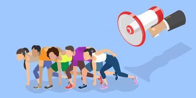 3D Isometric Flat Illustration of Ready To Sprint Run A Marathon , Rivalry Between Colleagues vector