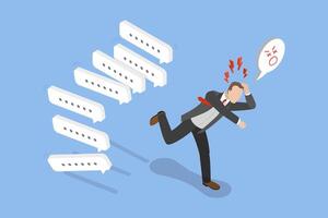 3D Isometric Flat Illustration of Overload, Frustrated Businessman Escapes Communication Overload And Spam In Online Meetings. vector
