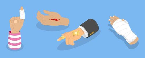 3D Isometric Flat Set of Hand Injury Treatment, Limb Bandaging Instructions vector