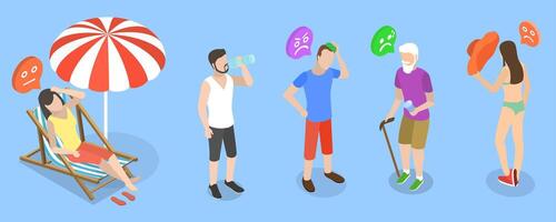 3D Isometric Flat Illustration of Extreme Hot Weather, Individuals Experiencing Excessive Heat Conditions vector