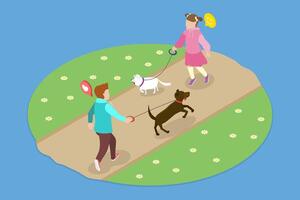 3D Isometric Flat Illustration of Walking with Pet, Enjoying a Leisurely with Dogs on Leashes vector
