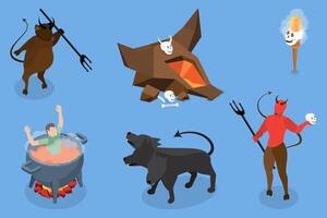 3D Isometric Flat Set of Underworld Objects, Evil Characters and Devil Elements vector