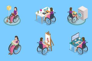 3D Isometric Flat Illustration of Disabled Character and Household Chores, Home Tasks Completion vector