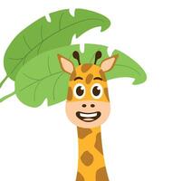 Cartoon Giraffe with joyful Smile on background of large Tropical Leaves. Bright, cheerful and playful spotted animal in jungle for Children themes and nature. Flat style. illustration. vector