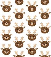 Seamless pattern of flat cartoon doodle deer face isolated on white background vector