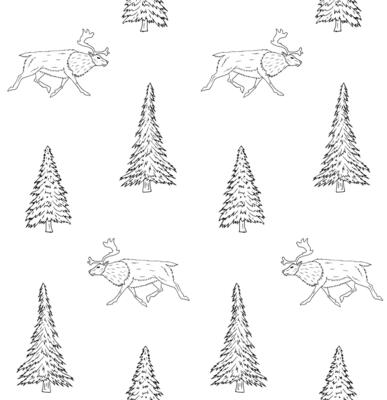 Seamless pattern of hand drawn doodle sketch reindeer and spruce tree isolated on white background