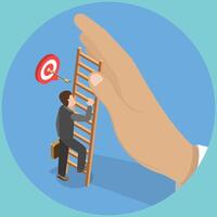 3D Isometric Flat Illustration of Business Obstacle, Climbing Ladder to Beat Giant Hand Preventing Progress vector