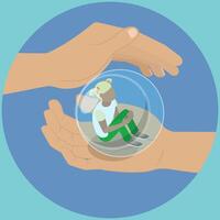3D Isometric Flat Illustration of Overprotection Of Children, Large Hands Grasp Glass Buble with a Kid Inside vector
