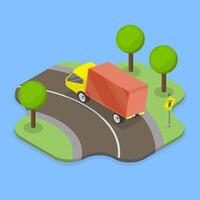 3D Isometric Flat Illustration of Truck Rollover Traffic Sign, Semi-Trailer In Danger Of Rollover On Curving Roadway vector