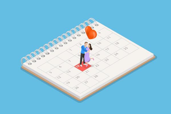 3D Isometric Flat Illustration of Schedule Of Events, Miniature Couple With Heart Shape on Calendar