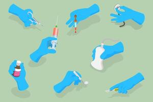 3D Isometric Flat Set of Doctors Hands, Medical Instruments Held by Hands in Blue Sterile Gloves vector