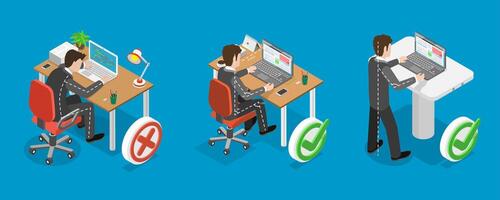 3D Isometric Flat Illustration of How To Sit At Desk, Advice For Office Workers On Correct Sitting Posture vector