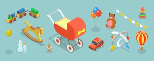 3D Isometric Flat Set of Childhood Items, Toys and Baby Care Supplies vector