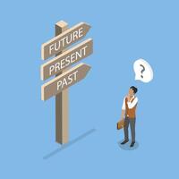 3D Isometric Flat Illustration of Choose Journey Direction, Man With Signpost Choosing Past, Present, Or Future Course vector