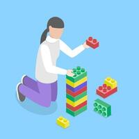 3D Isometric Flat Illustration of Contrustion Blocks for Kids, Cheerful Little Girl Having Good Time vector