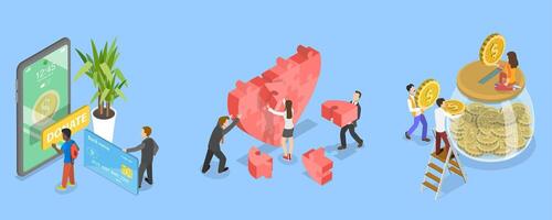 3D Isometric Flat Illustration of Charity Services, Promoting Help And Support For Those In Need vector