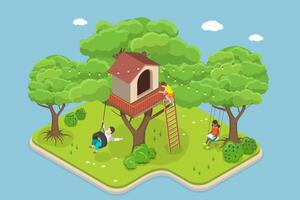 3D Isometric Flat Illustration of House On Tree, Children Playing In Treehouse In Backyard Garden vector