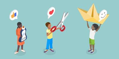 3D Isometric Flat Illustration of Craftwork, Joyful Youngsters Equipped with Art Tools for Creative Projects vector