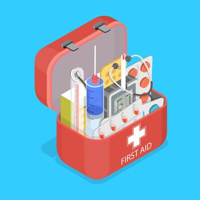 3D Isometric Flat Illustration of First Aid, Emergency Medical Kit For Safety