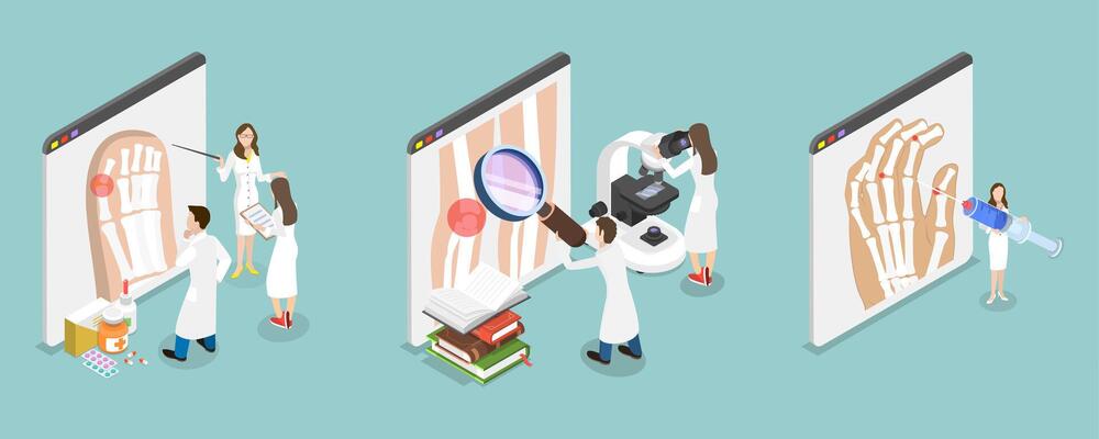 3D Isometric Flat Illustration of Rheumatoid Arthritis, Symptoms, Treatment, and Reasons of the Disease