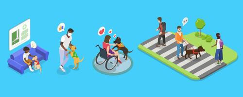 3D Isometric Flat Illustration of Guide Dogs , Providing Independence and Support for Individuals with Visual Impairments vector