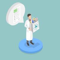3D Isometric Flat Illustration of Drugstore, Pharmacist Holds Paper Bag With Medicines And Pill Bottles vector