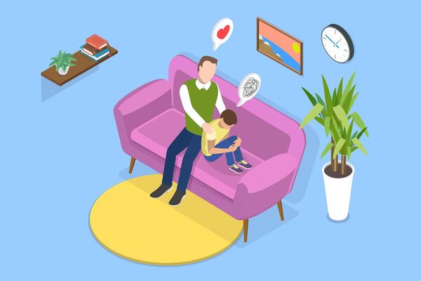 3D Isometric Flat Illustration of Father Support, Parent Encouraging Teen Son