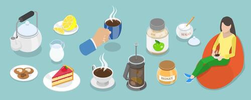 3D Isometric Flat Set of Tea Time, Hot Drinks Traditinal Elements vector