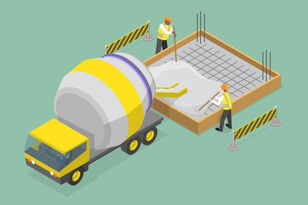 3D Isometric Flat Illustration of Construction Foundament, Pouring Cement From Concrete Truck