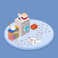 3D Isometric Flat Illustration of Laundry Room, Messy Bathroom with Clothes and a Cat vector
