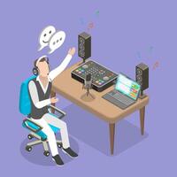 3D Isometric Flat Illustration of Live Broadcast , Man in Headphones Smiling as he Talks on the Radio with Microphone Interacting with Listeners vector