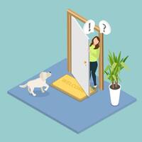 3D Isometric Flat Illustration of Looking Out The Door, Character Gazing Through The Doorway vector