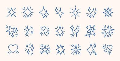 Blue sparkle doodle icon set hand drawn hand drawn stars hearts shiny bursts children sketch symbols on white background for planners scrapbooking cute kids decoration digital fun design element pack vector