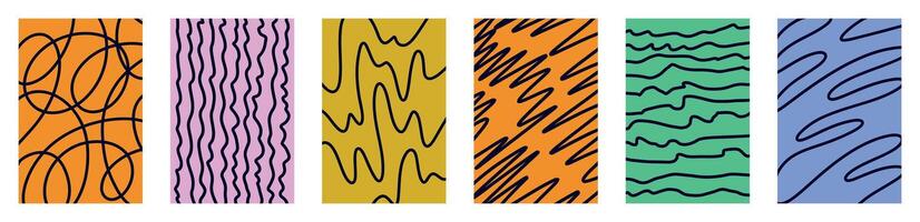 Groovy colorful squiggle child doodle pattern collection. Hand drawn wavy lines, funky loops, abstract distorted curves, orange yellow purple teal backgrounds design, pop art digital drawing vector