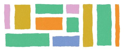 Grunge textured rectangles in pastel color palette on transparent background, abstract shapes in green yellow pink orange and blue, layout elements for modern creative design projects vector