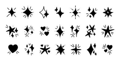Bold black hand drawn doodle sparkles stars hearts graphic clipart children design, hand drawn style set whimsical elements isolated minimal decoration sketch icon flat monochrome shapes vector